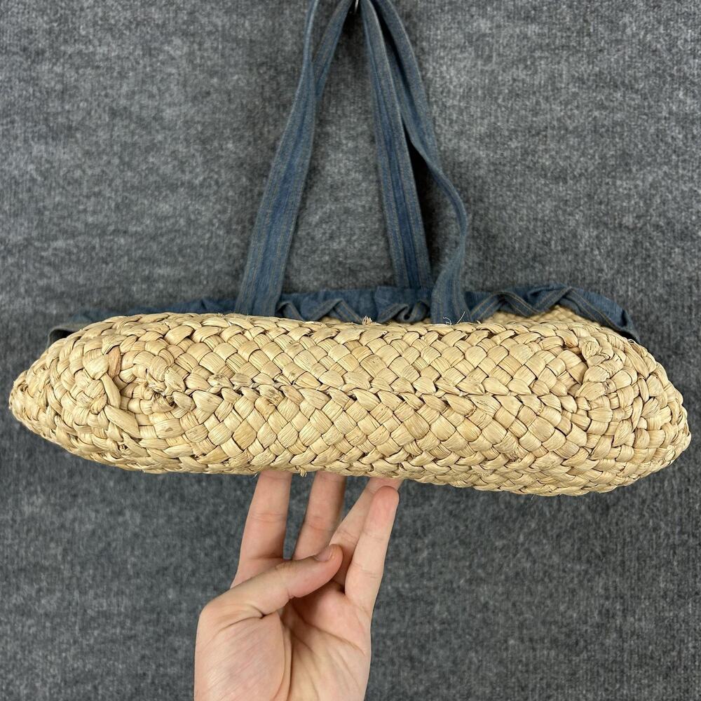 Vintage Ralph Lauren Straw Tote Bag Large Beige Denim Trim Beach Boho Summer - Picture 6 of 15